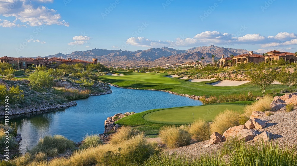 A scenic view of a golf course overlooking a tranquil lake. A scenic view of a golf course overlooking a tranquil lake.
