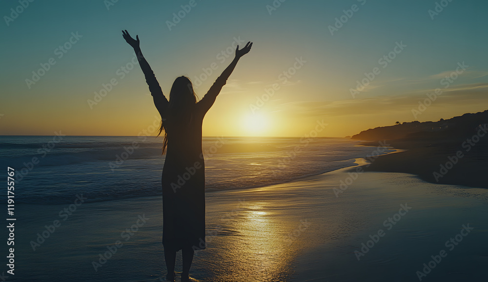 Silhouette of Woman Celebrating at Sunset by the Ocean Silhouette of Woman Celebrating at Sunset by the Ocean