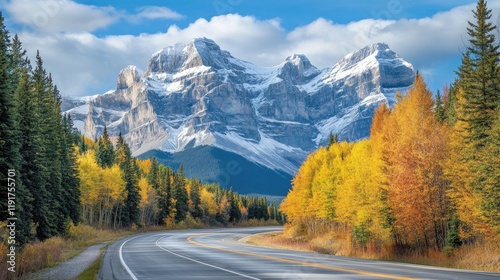 A scenic train journey through a mountain range with snow-capped peaks.