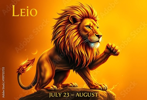 Majestic Leo Lion Zodiac Sign Golden Mane Fiery Tail Orange Background photo