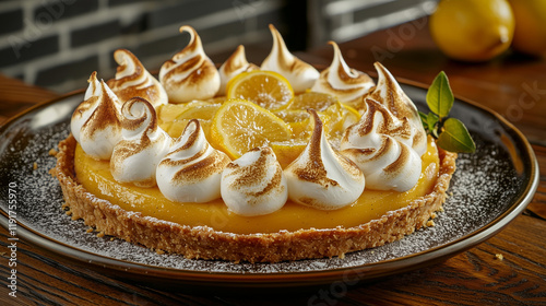 A delectable lemon meringue tart, adorned with fluffy meringue peaks and vibrant lemon slices, sits on a rustic wooden table. The tarts golden crust and creamy filling are beautifully presented. photo