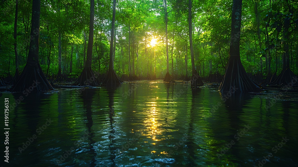 Obraz premium Sunrise over swamp, lush trees, tranquil water, misty forest background, nature documentary