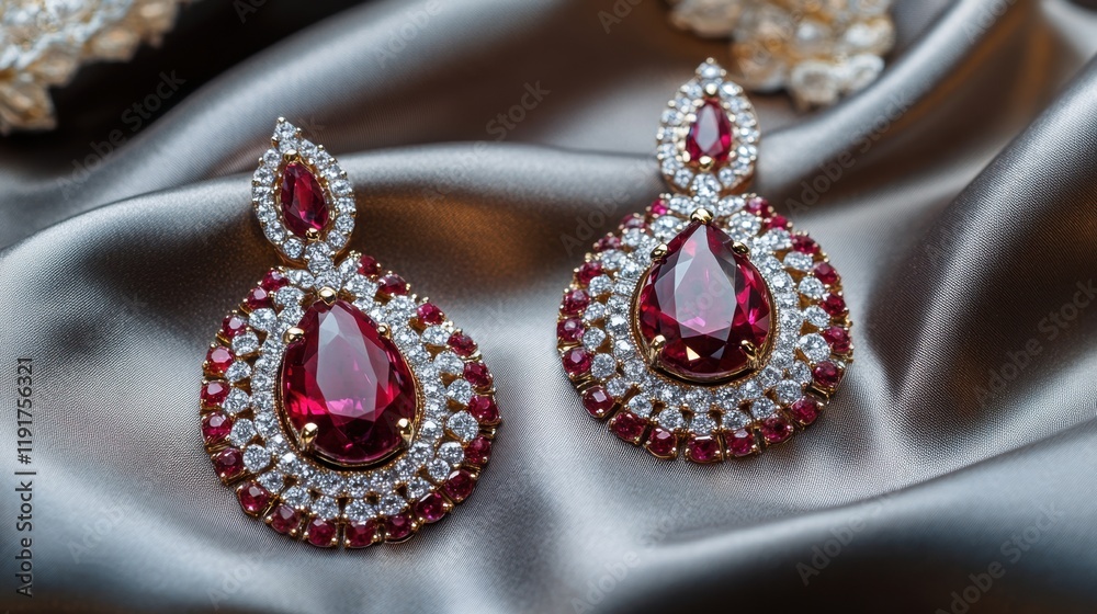 Obraz premium A luxurious combination of ruby and diamond jewelry on a silk background.