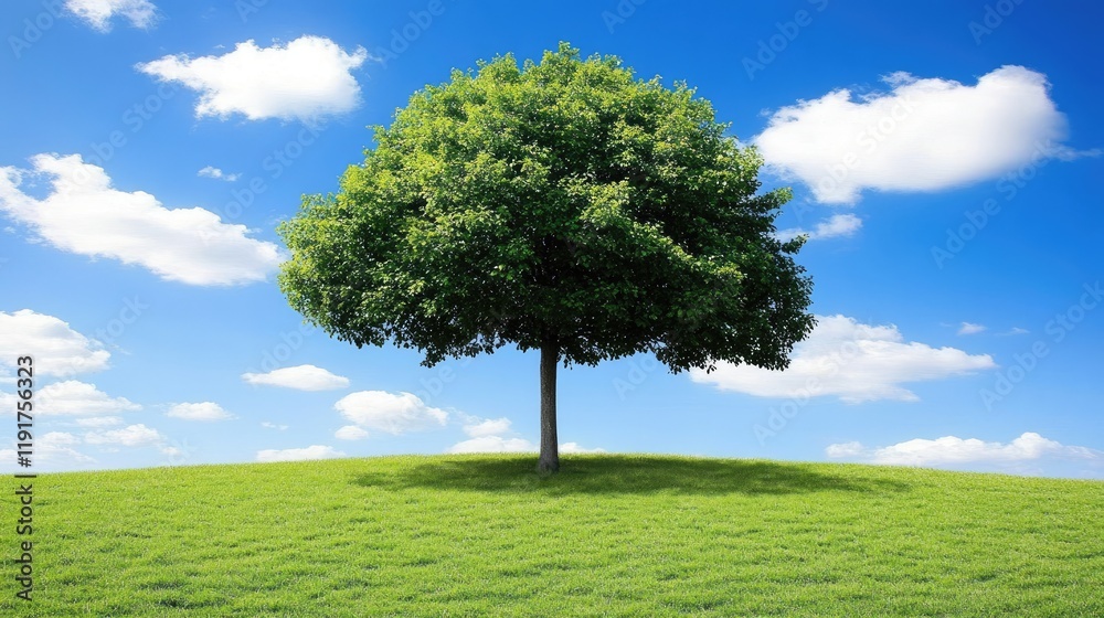 Fototapeta premium A tranquil grass field with a single tree standing tall in the middle.