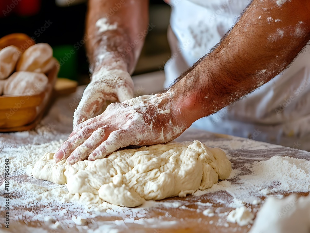 Baker Kneading Dough with Flour on Wooden Table Baker Kneading Dough with Flour on Wooden Table