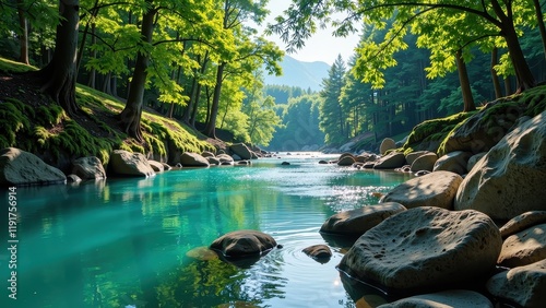 Turquoise river meanders through lush greenery under the radiant sun, casting gleams on nearby rocks. Ripples dance along its path. Forest embraces the scene with serene beauty