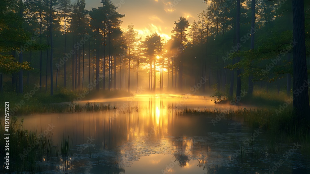 Obraz premium Misty sunrise forest lake reflection, tranquil morning scene