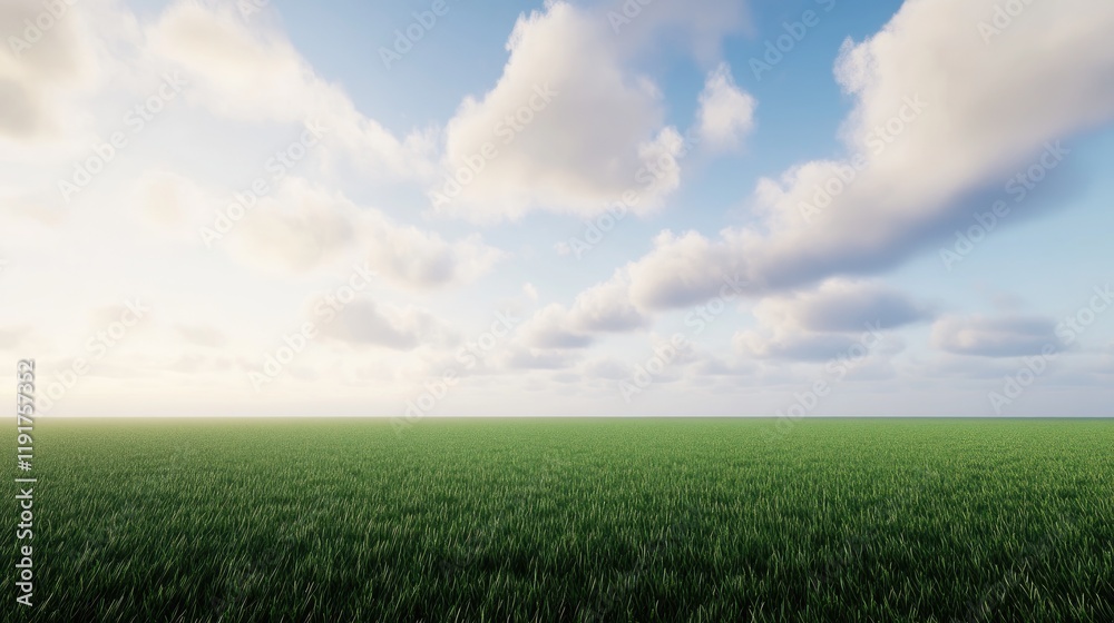 Obraz premium A wide green grass field under a dramatic cloudy sky before a storm.