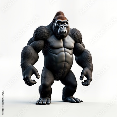 Powerful gorilla stands isolated on white background. Animal portrait shows strength, dominance. Image suitable for zoology books, wildlife publications, nature documentaries. Excellent visual for photo