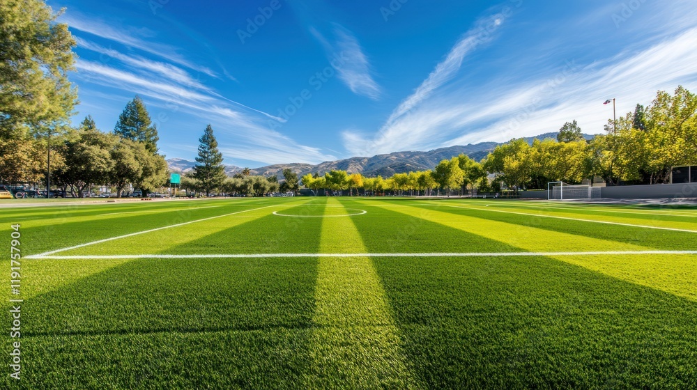 Naklejka premium Vibrant Green Soccer Field under a Sunny Sky