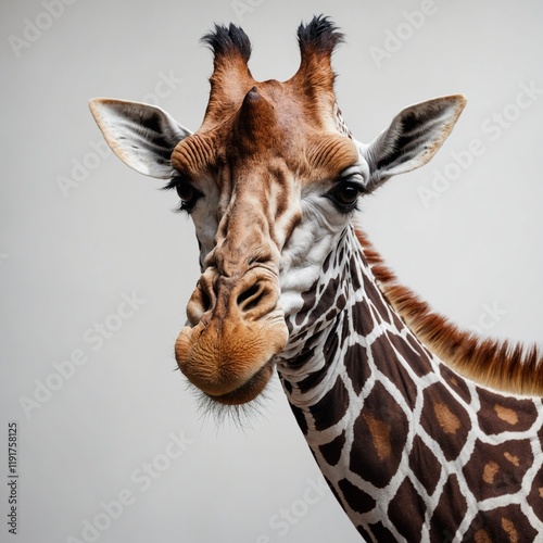 A giraffe with a camouflage design on a white background. photo