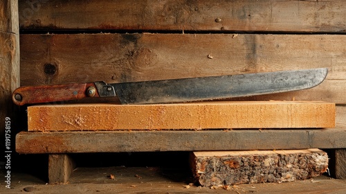 A woodworker's bench featuring a handsaw and a stack of raw wood. photo