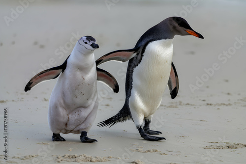 Adult and juvenile penguin walking on a sandy beach side by side