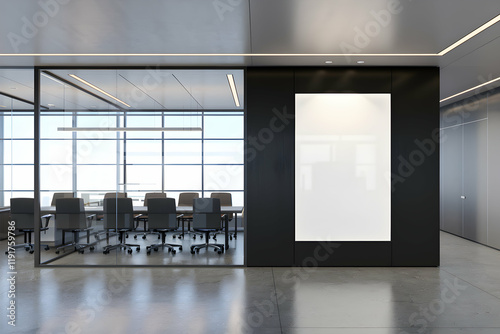 A sleek office with a glass partition reveals a modern conference room
