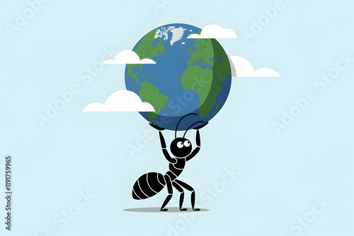 Stylized ant lifting Earth, symbolizing strength against a clean white background