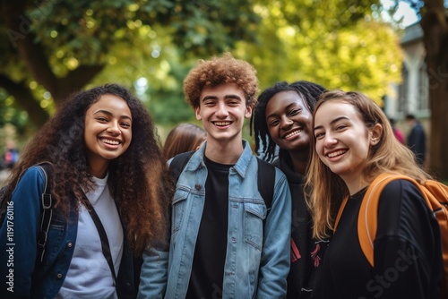 Group of cheerful multi ethnic students standing together on university campus, enjoying their time and smiling
