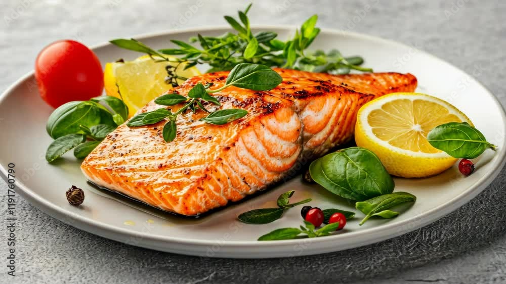 Grilled salmon fillet garnished with fresh herbs, lemon, and cherry tomatoes on a round plate Grilled salmon fillet garnished with fresh herbs, lemon, and cherry tomatoes on a round plate
