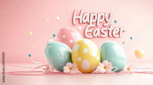 Colorful easter eggs with happy easter greeting on pastel background.