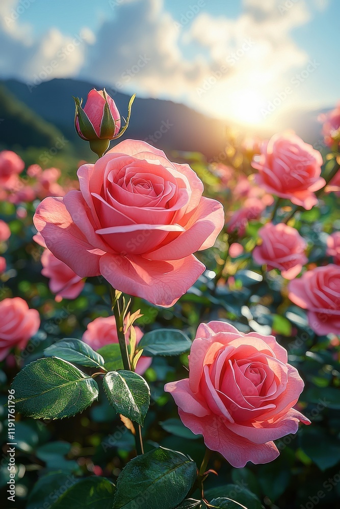 Vibrant Pink Roses Blooming at Sunrise in a Garden Vibrant Pink Roses Blooming at Sunrise in a Garden