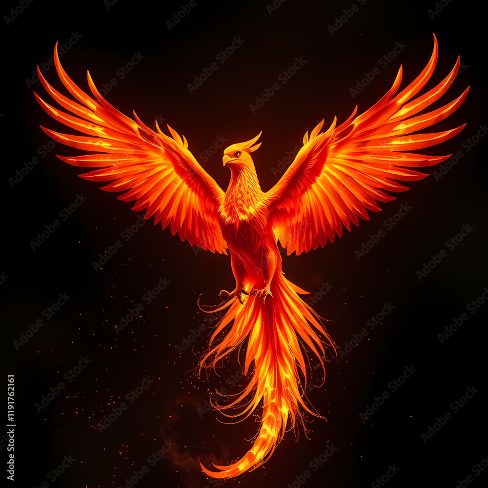 Fototapeta premium Fiery Phoenix with Glowing Wings Amidst a Dark Background