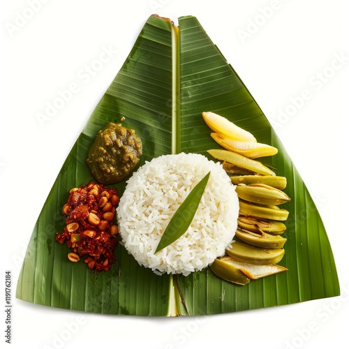 Nasi lemak, a fragrant rice dish cooked in coconut milk and pandan leaf, served with sambal, ikan bilis, peanuts, cucumber, and other accompaniments photo