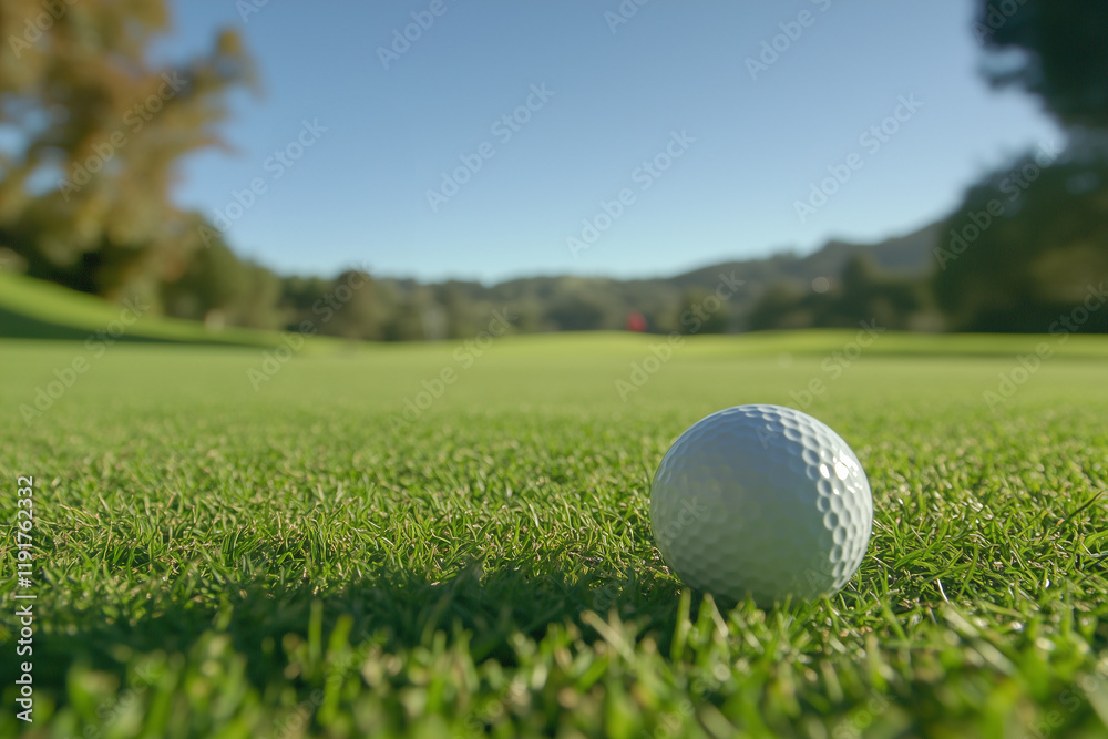 Close-Up of a Golf Ball Resting on Pristine Green Grass: A Perfect Moment of Focus, Precision, and Anticipation in the Game of Golf Close-Up of a Golf Ball Resting on Pristine Green Grass: A Perfect Moment of Focus, Precision, and Anticipation in the Game of Golf