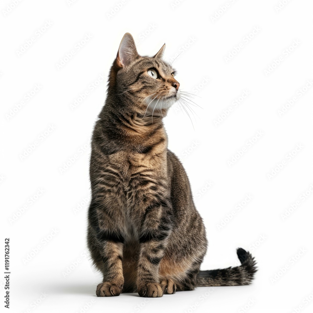 Studio shot of adorable tabby cat sitting and looking up curiously against white background Studio shot of adorable tabby cat sitting and looking up curiously against white background