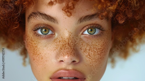 Close-up Portrait of a Person with Distinctive Freckles and Curly Hair Highlighting Unique Facial Features and Green Eyes in a Crisp, Detailed Photograph