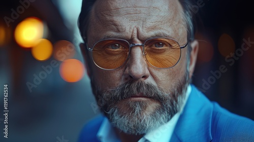 Portrait of a contemplative man wearing yellow-tinted glasses, captured in soft focus with warm bokeh lights in the background, conveying a sense of introspection and depth
