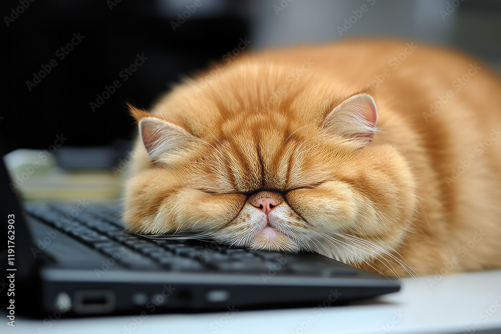 Orange cat sleeping on a laptop keyboard Orange cat sleeping on a laptop keyboard