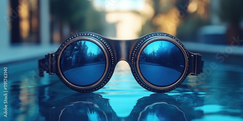 Stylish vintage goggles reflecting a serene urban poolside environment, capturing the essence of modern leisure with an artistic flair and timeless elegance photo