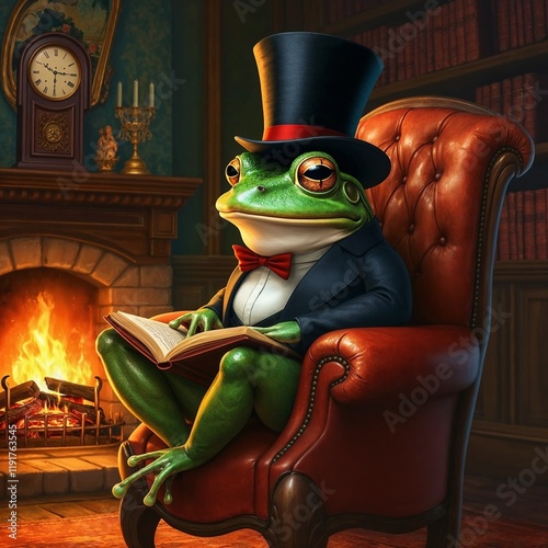 Sophisticated Frog in a Top Hat Reading by the Fireplace in a Cozy Library