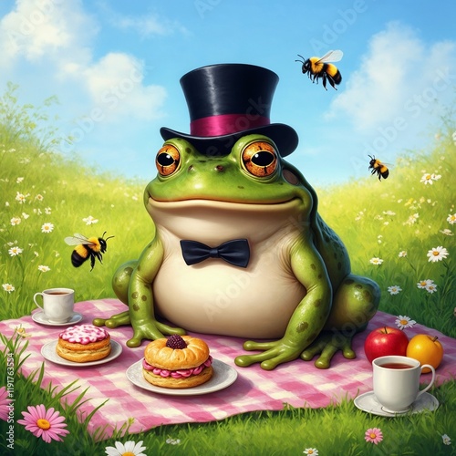  Frog in a Top Hat Enjoying a Picnic with Pastries and Bees in a Sunny Meadow