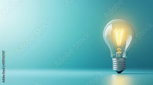 Bright idea, glowing light bulb on a blue background symbolizing innovation and creativity photo