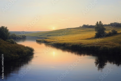 Serene Landscape of a River at Sunrise Reflecting Rolling Hills
