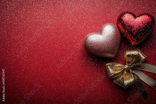 Valentine's Day background with hearts on red, top view, flat lay.