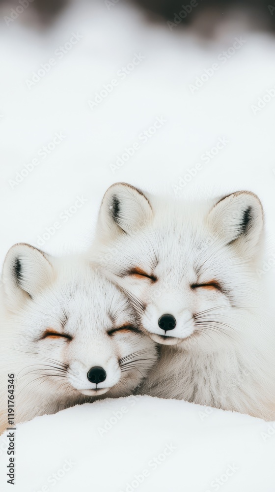 close up of two arctic foxes resting together in the snow with copy space. close up of two arctic foxes resting together in the snow with copy space.