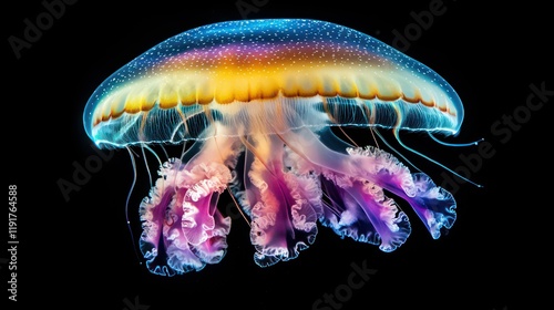 Vibrant jellyfish with iridescent bell and purple tentacles against black background.