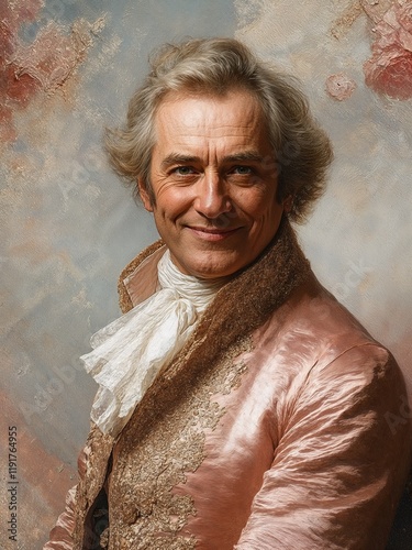 Smiling Gentleman in Elegant 18th Century Attire with Ornate Pink Jacket