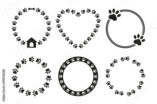 Set of simple round frames with dog paw silhouettes for pet lover. Circle animal paws vector design with copy space for text. Vector decorative elements