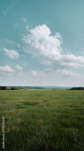 Vast grassy field under clear sky and fluffy white clouds Vertical Mobile Wallpaper
