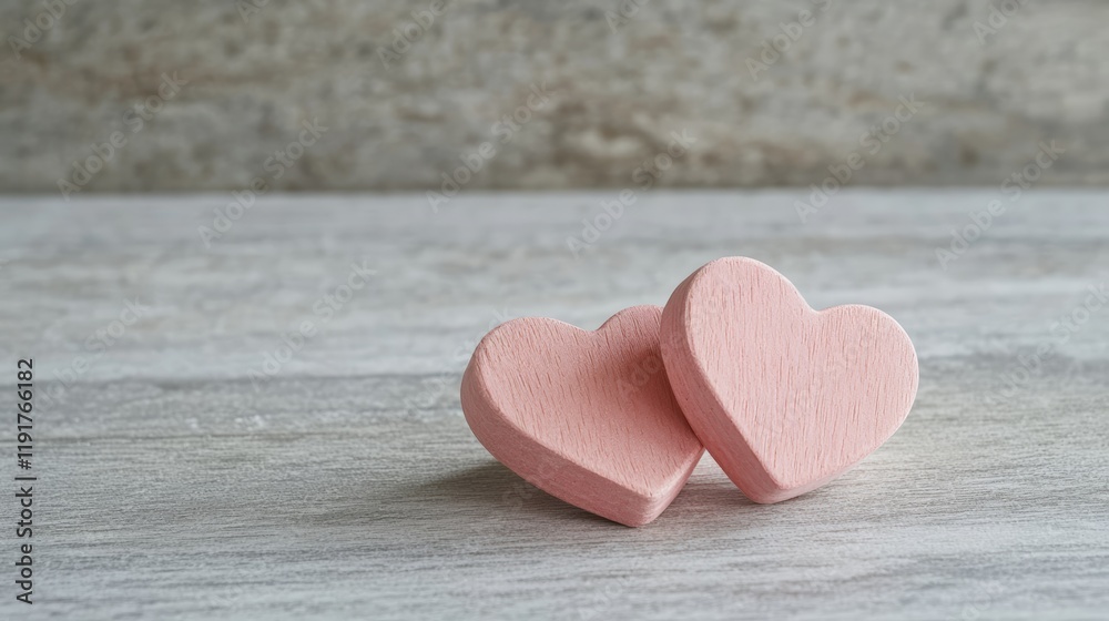 Fototapeta premium Two delicate pink wooden hearts resting on a light wooden surface, symbolizing love and affection, create a perfect setting for valentine's day, mother's day, or spring celebrations