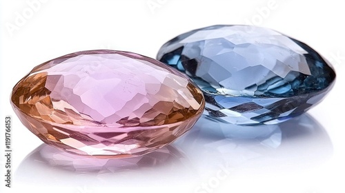 Three polished topaz stones in sky blue champagne and pink colors are carefully arranged in neat line. Soft lighting highlights their natural brilliance against clean white background. photo