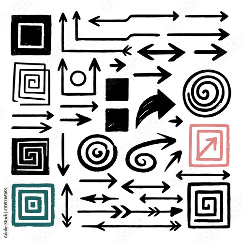 Collection of doodle boxes, circles and arrows and other supporting elements manually drawn on a white background