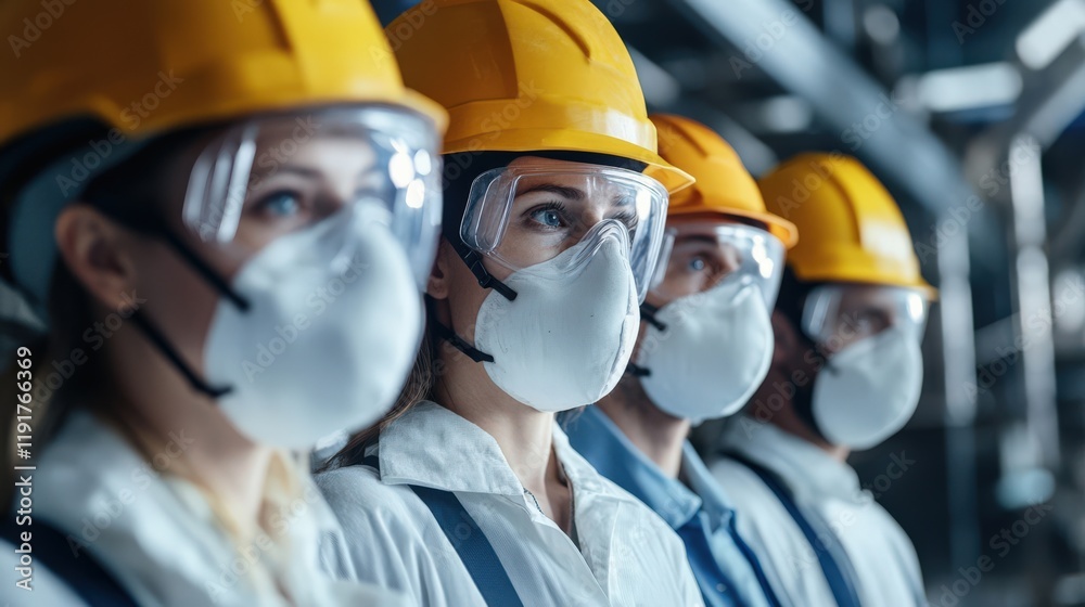 Four workers wearing yellow helmets and masks stand in a line Four workers wearing yellow helmets and masks stand in a line