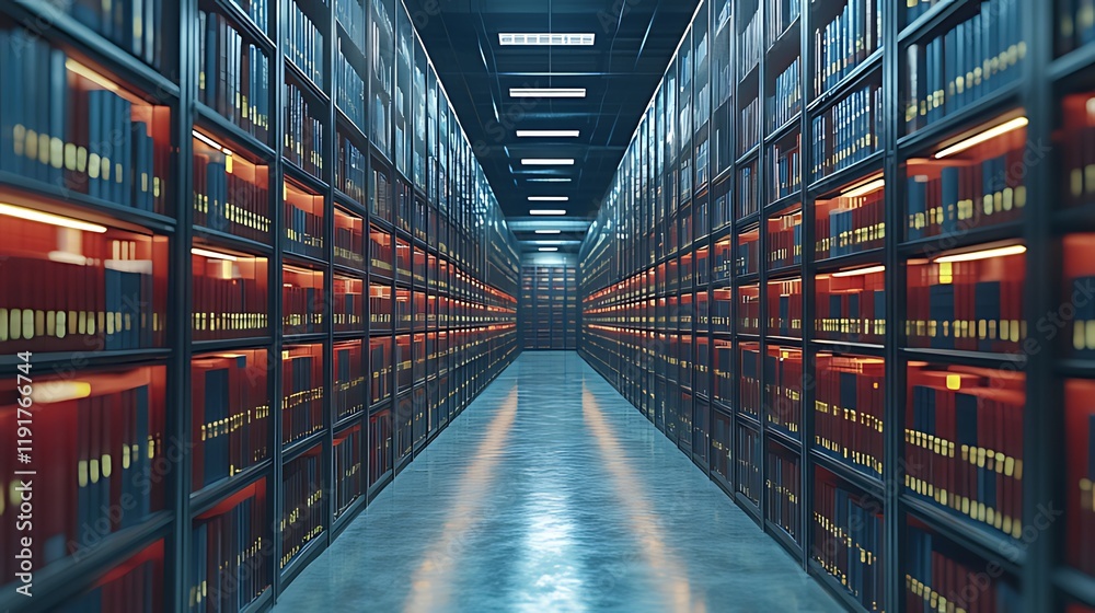 Fototapeta premium Modern archive, bookshelves, storage, data, night, research, knowledge, digital, futuristic, library