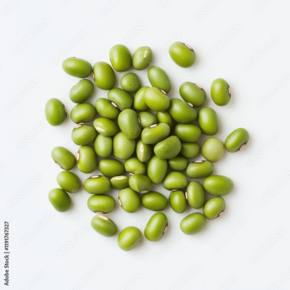 Green mung beans arranged on a light background showcasing their vibrant color and natural form for culinary uses.