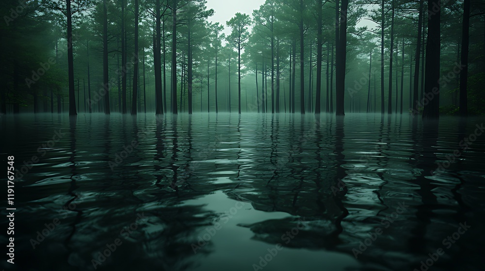 Obraz premium Flooded forest, misty pines, swamp reflection, eerie ambiance, nature backdrop
