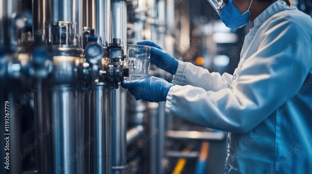A scientist is wearing a lab coat and gloves while holding a glass beaker A scientist is wearing a lab coat and gloves while holding a glass beaker