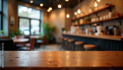 Wallpaper Mural Cozy cafe interior with wooden tables, chairs. Blured background shows warm lighting. Empty space on wooden counter. Great for montage, advertising. Suitable for products, drinks. Ideal for cafe Torontodigital.ca